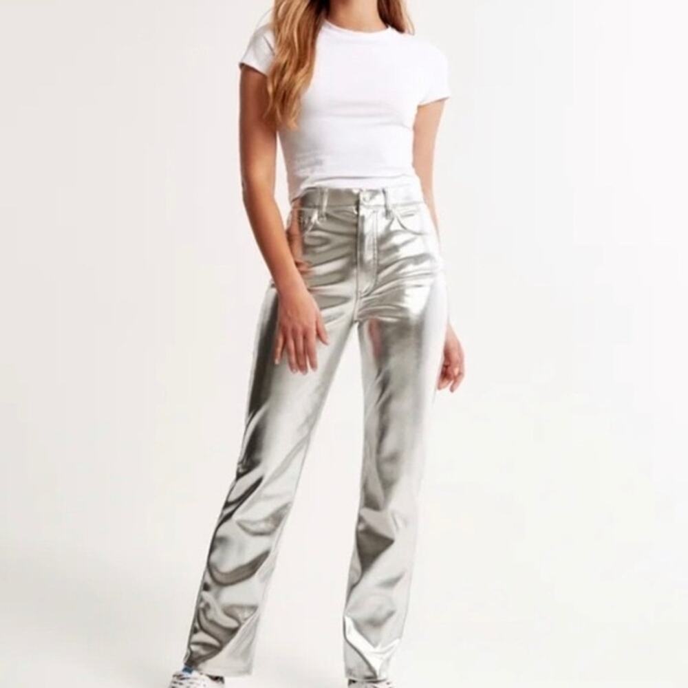 7 For All Mankind Metallic Silver High Rise Straight Leg Jeans Size Medium